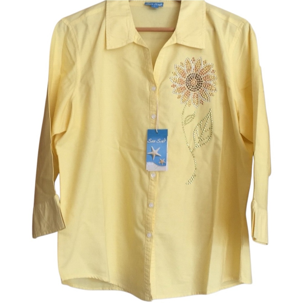 Yellow Button Down Sunflower Shirt by Sea Salt, 25+ SPF, Size Large (L)